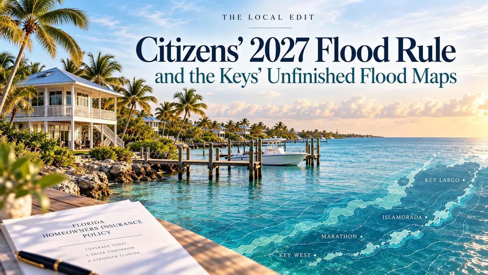 Editorial illustration: an elevated white Keys house and boat dock on turquoise water, a stylized Florida Keys map, and an insurance policy on a table.